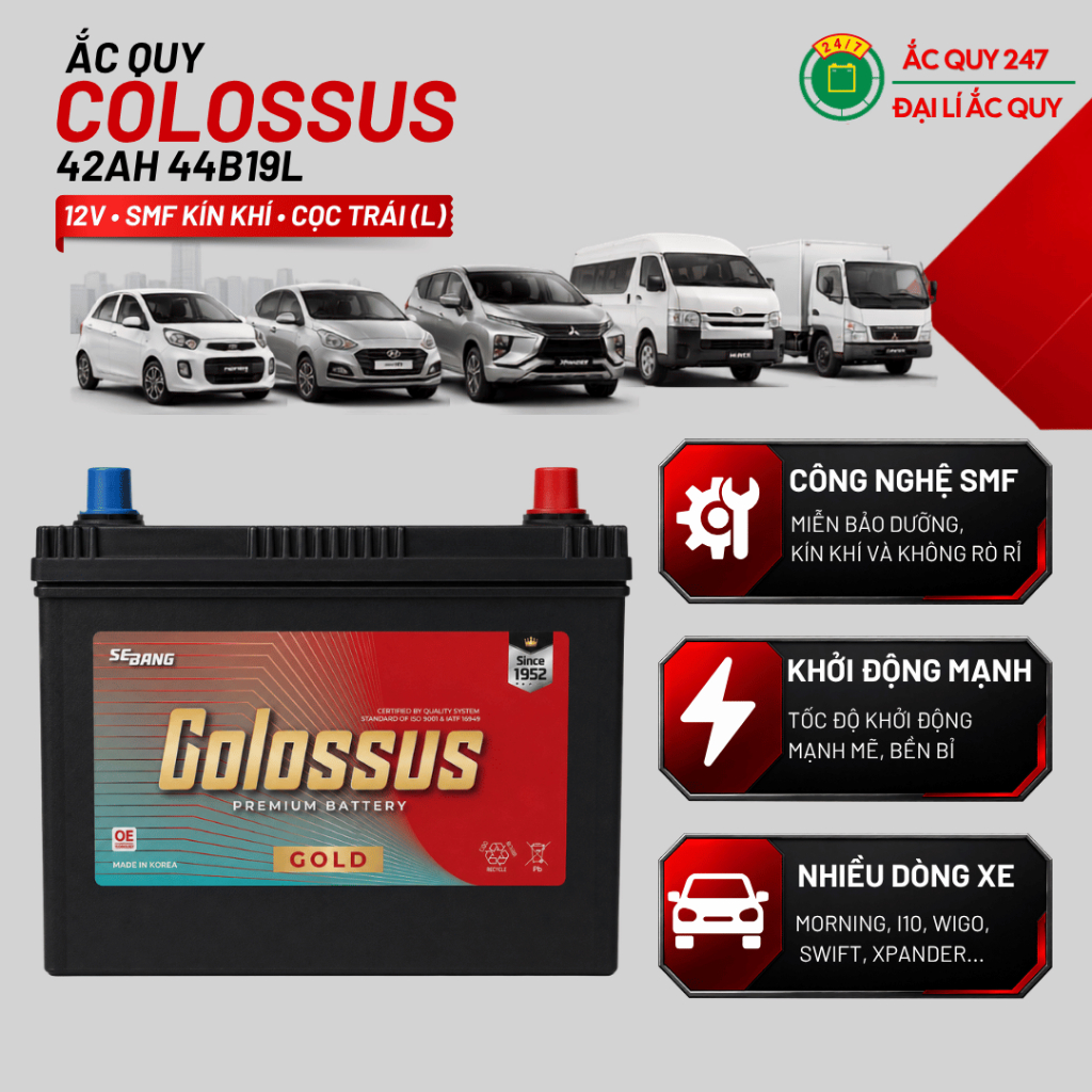 Ắc quy Colossus Sebang 44B19L 12V 42Ah SMF cọc trái miễn bảo dưỡng cho nhiều dòng xe ô tô