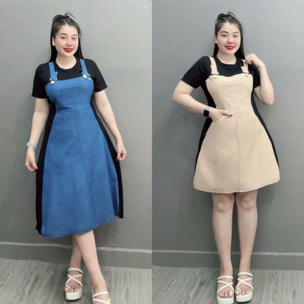 Váy Yếm Jean Big Size Nữ, Đầm Yếm Bò Big Size Vải Jean Giấy Phối Thun Ruby Cho Các Nàng Chubby Đầm J