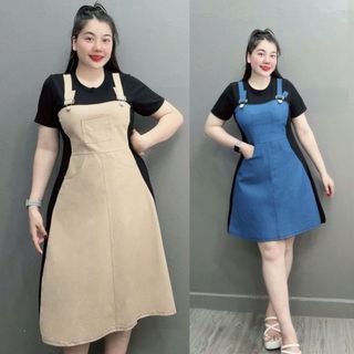 Váy Yếm Jean Big Size Nữ, Đầm Yếm Bò Big Size Vải Jean Giấy Phối Thun Ruby Cho Các Nàng Chubby Đầm Jean