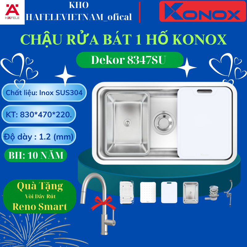 { TẶNG VÒI DÂY RÚT } Chậu rửa bát inox 1 hố chống xước Konox DEKOR 8347SU Bề mặt tạo hạt Linen
