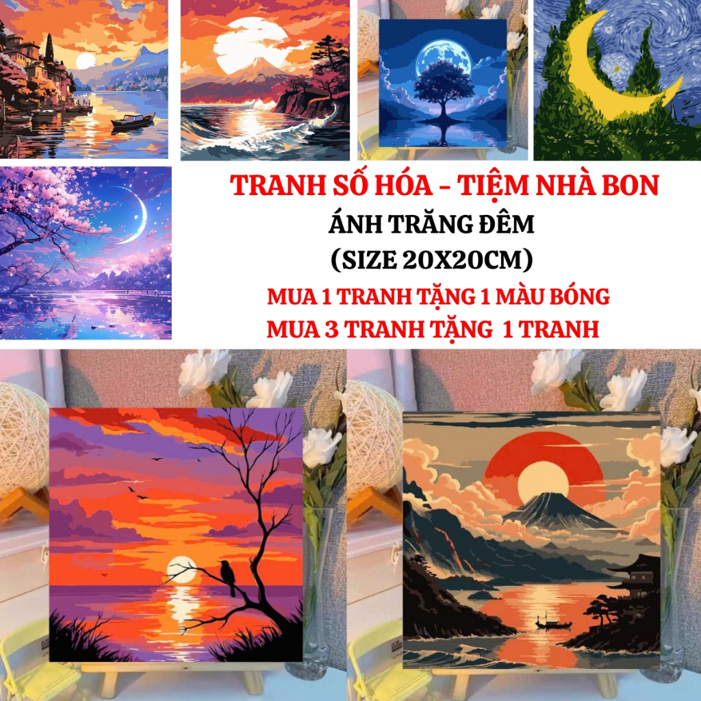 Tranh tô màu theo số ÁNH TRĂNG ĐÊM size 20x20cm, Tranh sơn dầu số hóa phong cảnh thiên nhiên