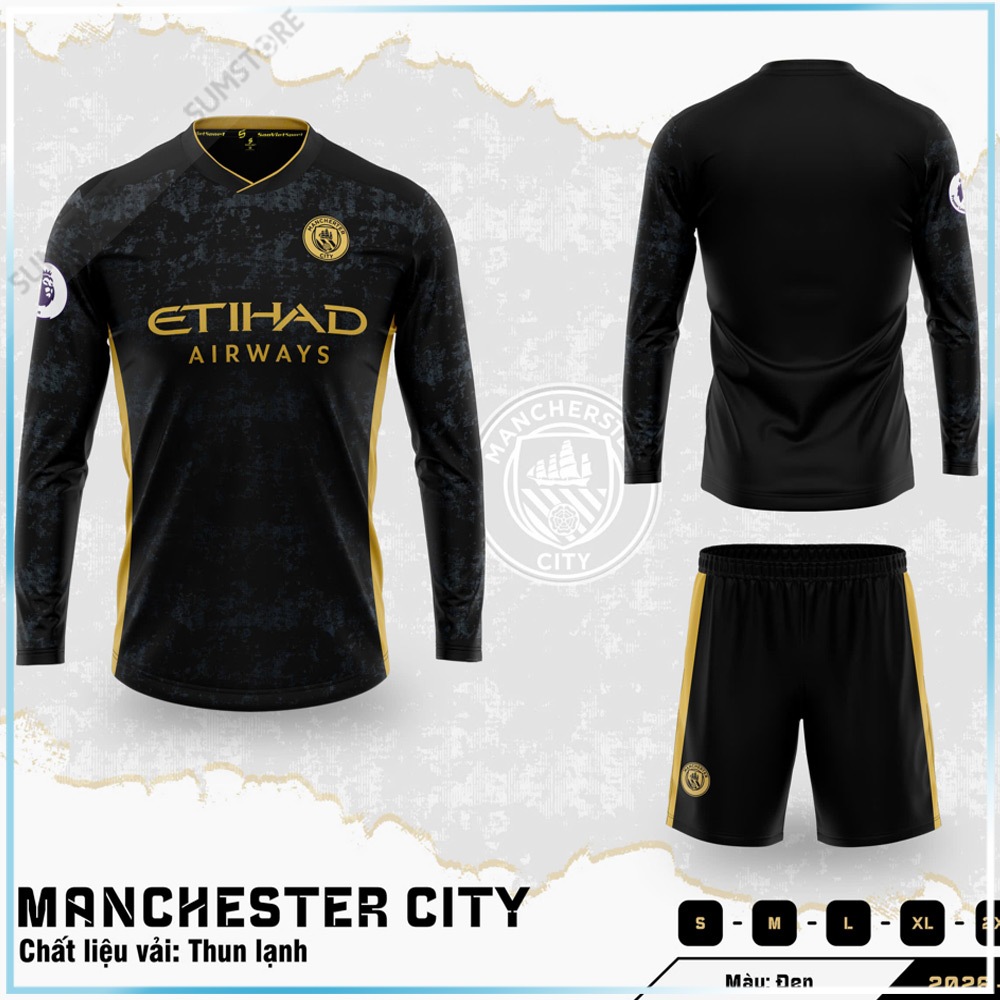Quần Áo Man City Đen Dài Tay - Áo Bóng Đá Tay Dài Thun Lạnh Cao Cấp