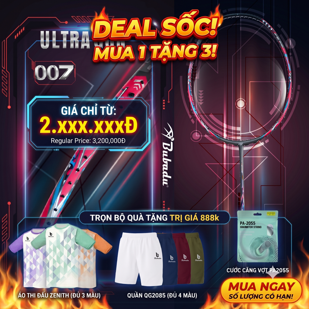 VỢT CẦU LÔNG BUBADU ULTRAGUN 007  siêu phẩm công, TẶNG CUỐN CÁN, CƯỚC