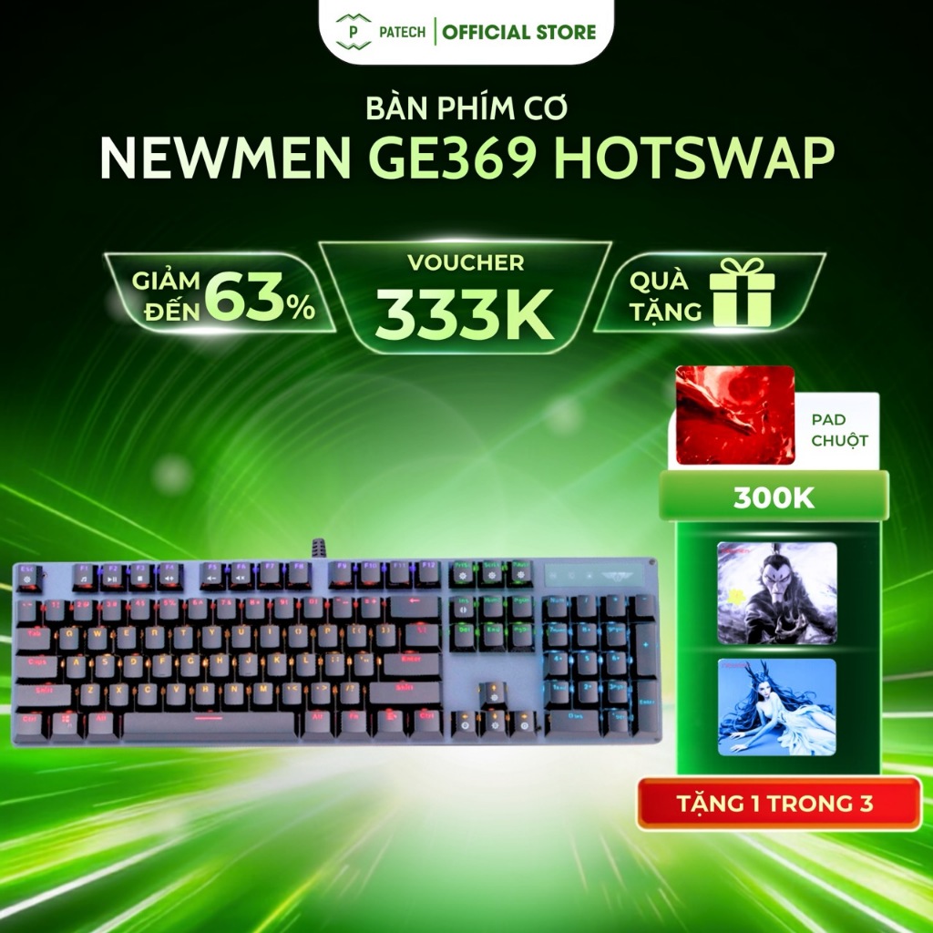 Phím cơ hãng Newmen GE369 Hotswap Hiệu Ứng Ánh Sáng LED - Hàng chính hãng - Bảo hành 12-24 tháng