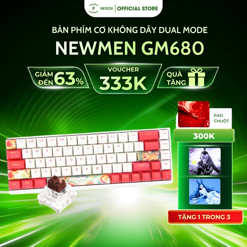 Bàn phím cơ không dây Dual Mode Newmen GM680 - Rồng & Hổ (Hot swap/ USB-C/ Bluetooth/ RGB) - Hàng Ch