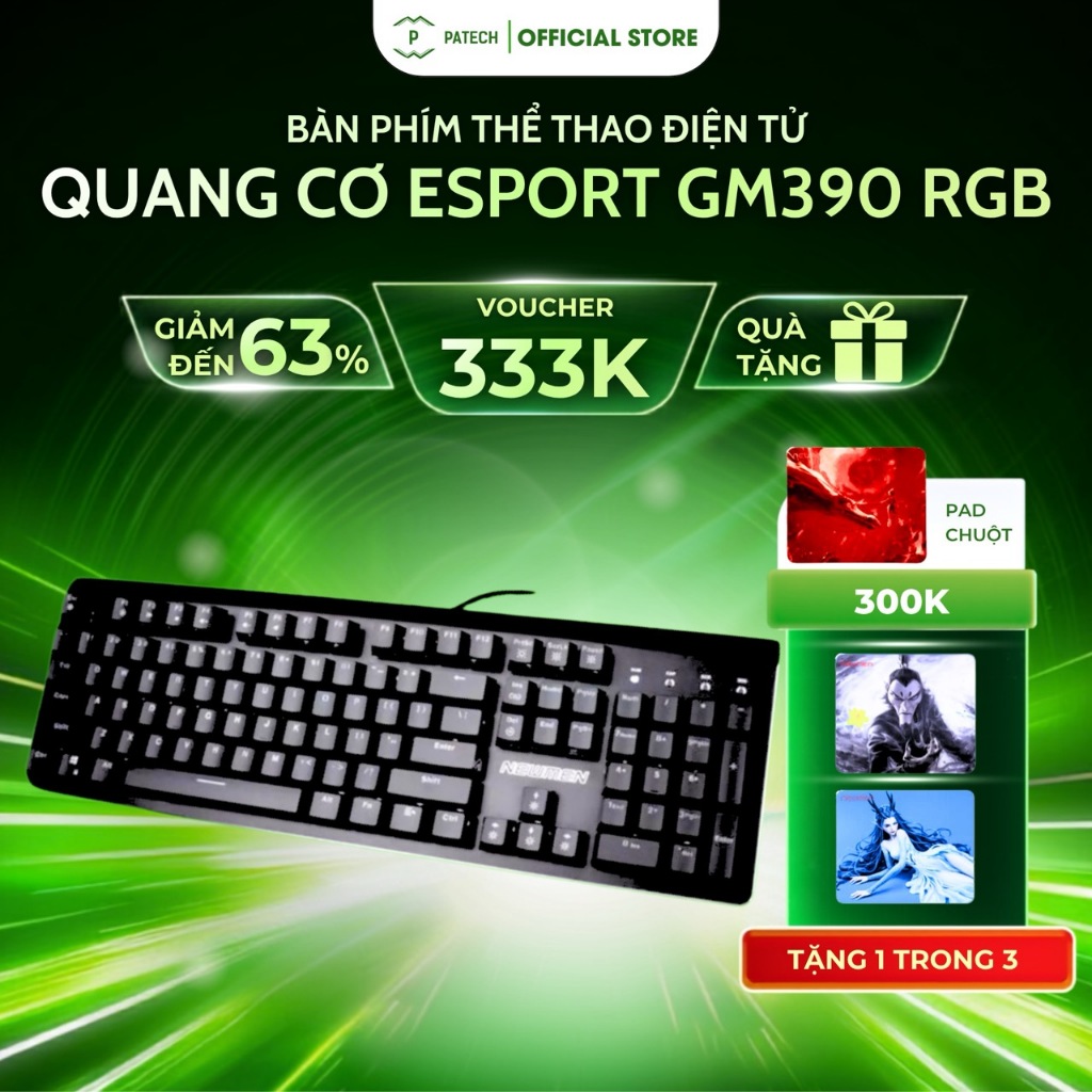 Bàn phím thể thao điện tử Quang cơ Esport GM390 RGB IP57 Hàng NEWMEN - Chính hãng - Bảo hành 12-24 t