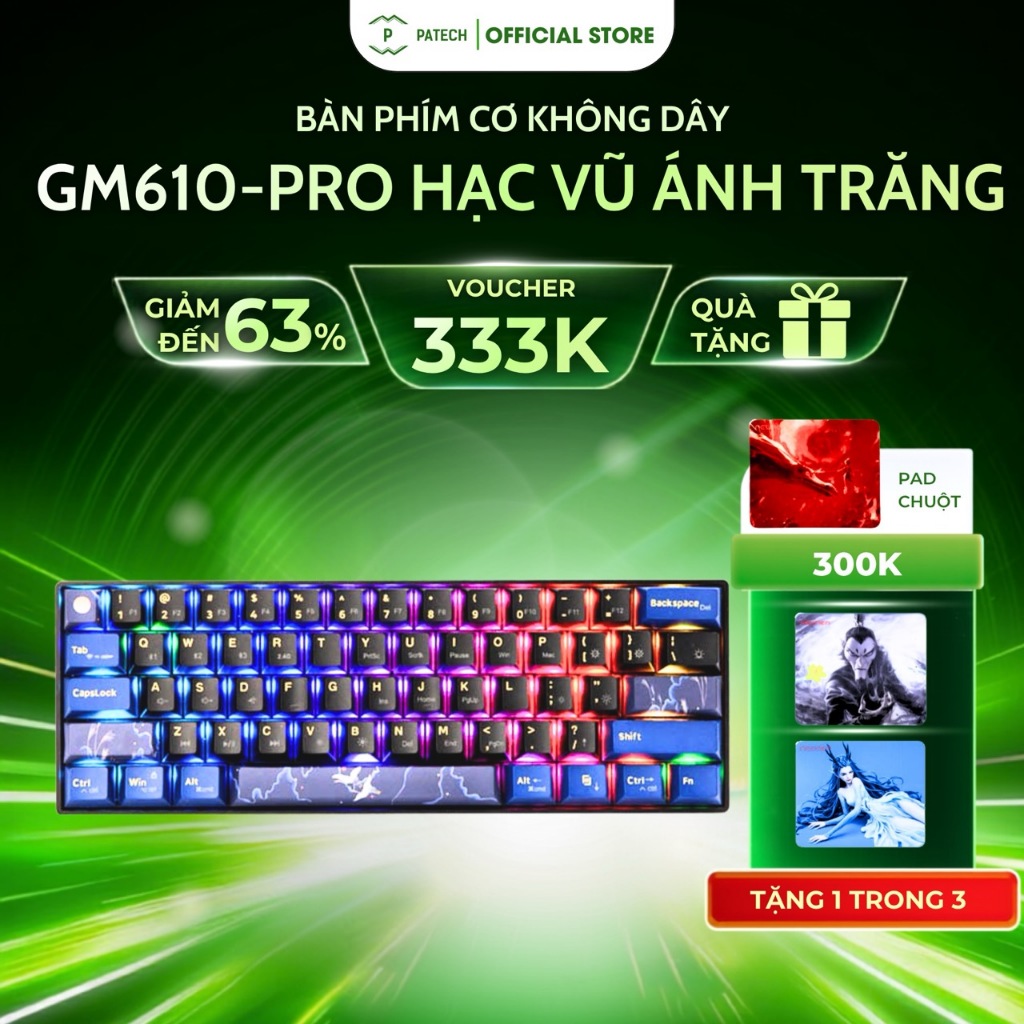 Bàn phím cơ không dây GM610-PRO Hạc Vũ Ánh Trăng-Dual mode:Wireless & Wired-(BT5.0/3.0,2.4Ghz,Type-C