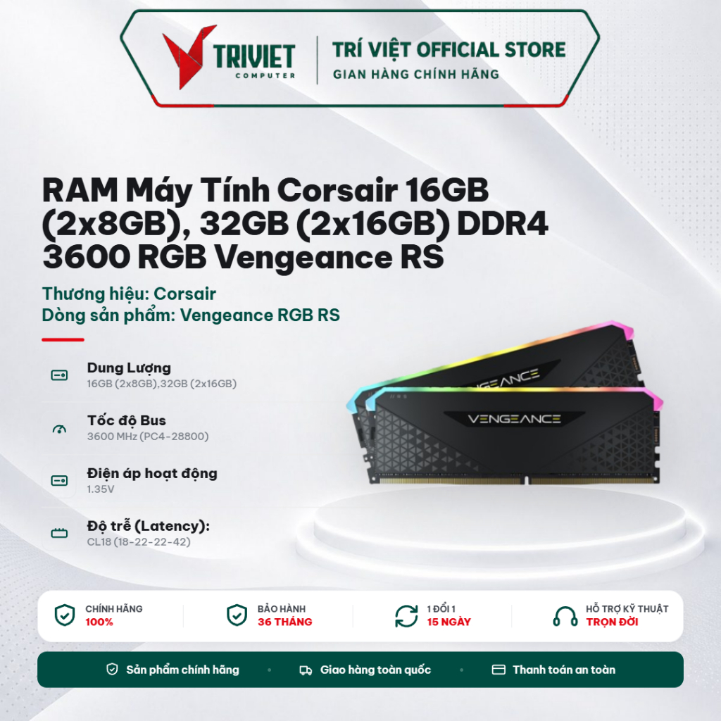 RAM Máy Tính Corsair 16GB (2x8GB), 32GB (2x16GB) DDR4 3600 RGB Vengeance RS (CMG16GX4M2D3600C18/CMG3