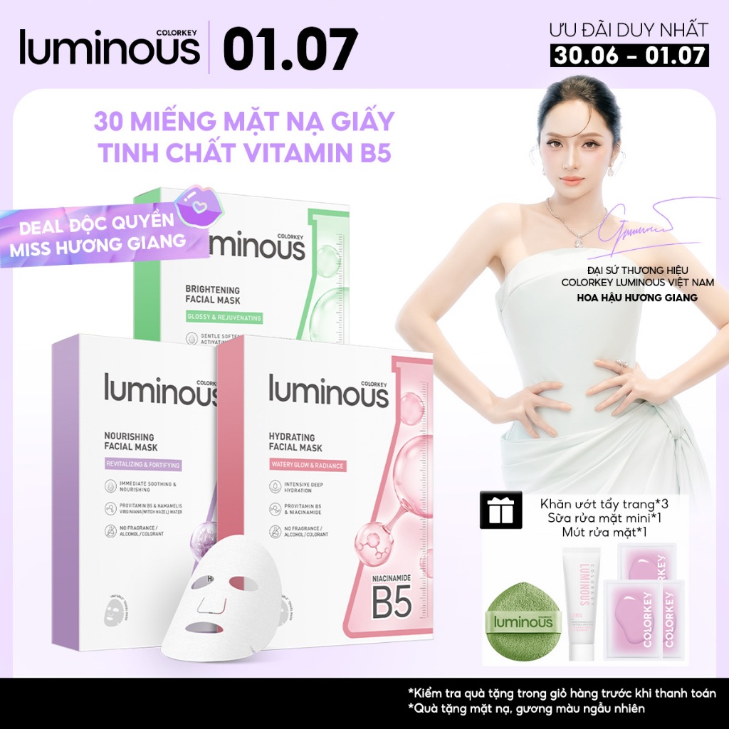 Mặt Nạ Giấy COLORKEY LUMINOUS | COMBO 3 HỘP| Tinh Chất Vitamin B5 Cấp Ẩm Cho Da Mịn Màng 25ml x 30 miếng