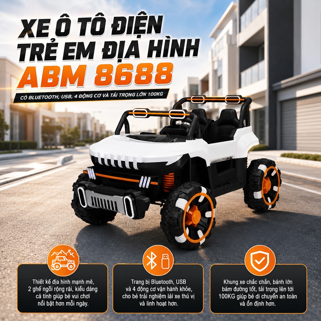 Xe Ô Tô Địa Hình Điện ABM 8688 Cho Trẻ Em, Bluetooth, USB, 4 Động Cơ Chạy Khỏe