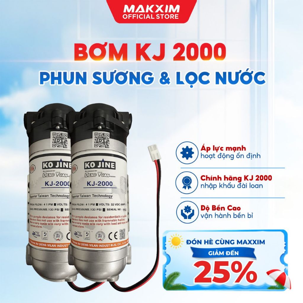 Máy Bơm Tăng Áp KJ2000 Chính Hãng Đài Loan, Máy Tăng Áp Lực Nước 32V Cho Máy Lọc Nước RO, Bơm Phun S