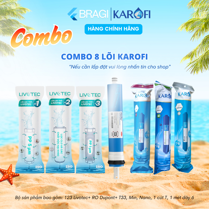 Combo 7 Lõi Lọc Karofi Gồm Lõi 123 Smax Duo - Màng RO50GPD Dupont Mỹ - 3 Lõi tính năng T33, Mineral,