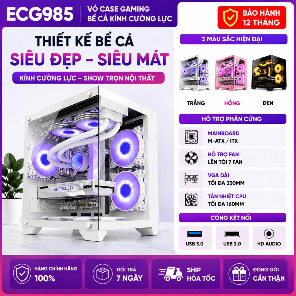 Vỏ Case EMASTER ECG985 Bể Cá mATX Kính Cường Lực | Chưa bao gồm Fan Case và các linh kiện bên trong 