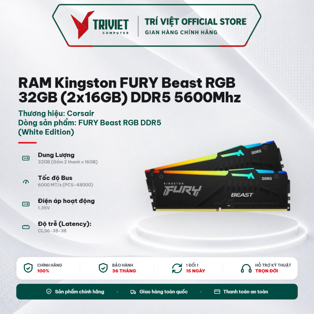 RAM Máy Tính Kingston FURY Beast RGB 32GB (2x16GB) DDR5 6000MT/s CL36 EXPO K2 KF560C36BBE2AK2-32WP