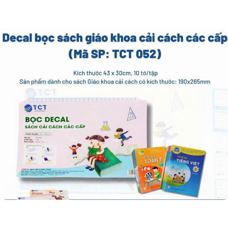Tập 10 tờ decal bọc vở, bọc sách cải cách, bọc sách tiếng anh TCT tặng kèm nhãn vở