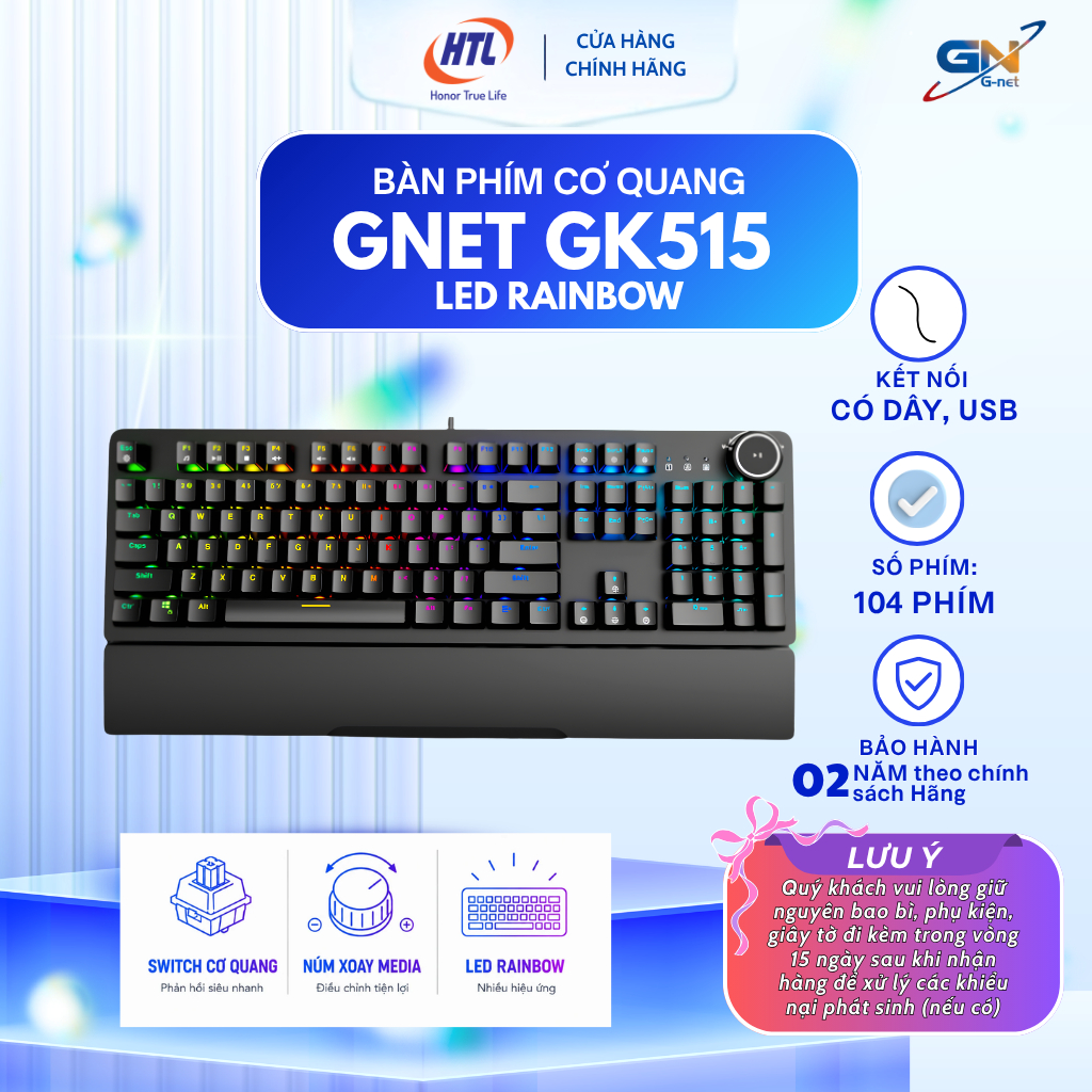 Bàn phím cơ quang GNET GK515 Led Rainbow (HÀNG CHÍNH HÃNG)