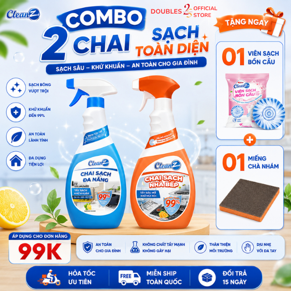 Combo 2 chai sạch đa năng và chai sạch nhà bếp CleanZ 450ml sạch đa vết bẩn | DOUBLES 2SSHOP