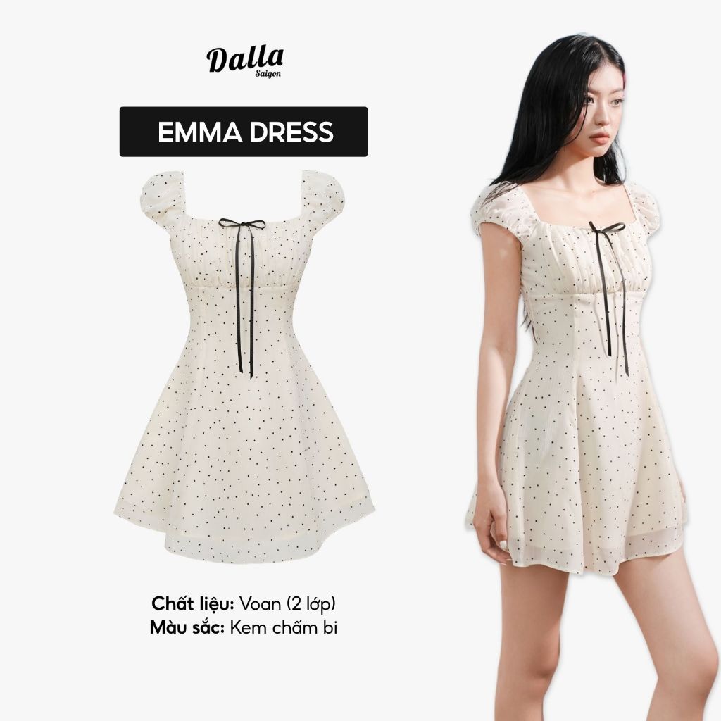 DALLA  Đầm cổ vuông tay phồng nhún ngực (D64) HOT