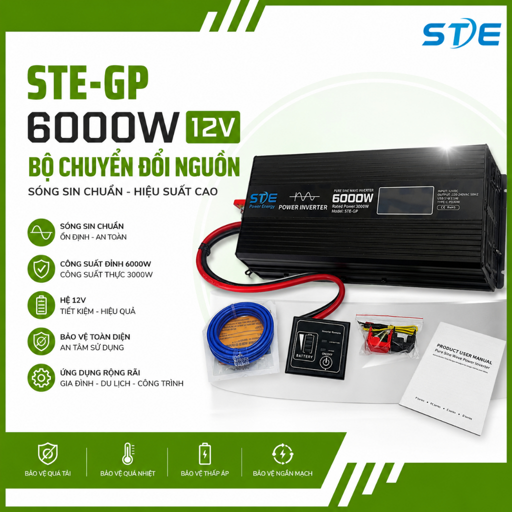 Inverter STE GP 6000W Hệ 12V Sóng Sin Chuẩn 220V Cho Điện Mặt Trời Và Gia Đình-Phân Phối STE Power E