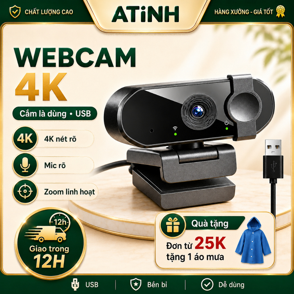 Webcam USB 4K/2K/1080P Cho PC - Có Mic, Đèn Bù Sáng Vượt Trội | Livestream & Hội Họp Hoàn Hảo