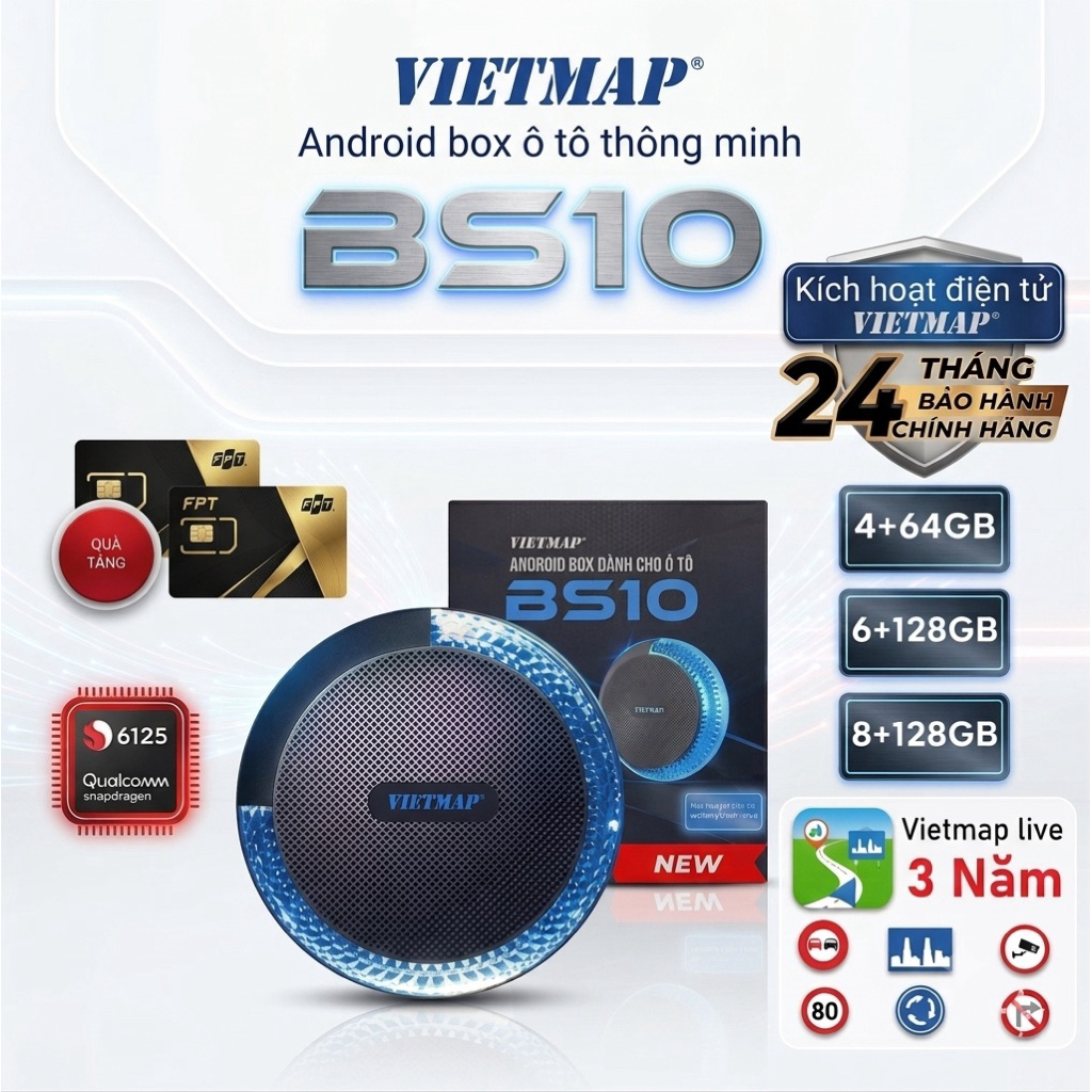 [CHÍNH HÃNG] Android box ôtô Vietmap BS10/ BS10Lite, Sim 4G,App VietmapLive AppleCarplay&AndroidAuto