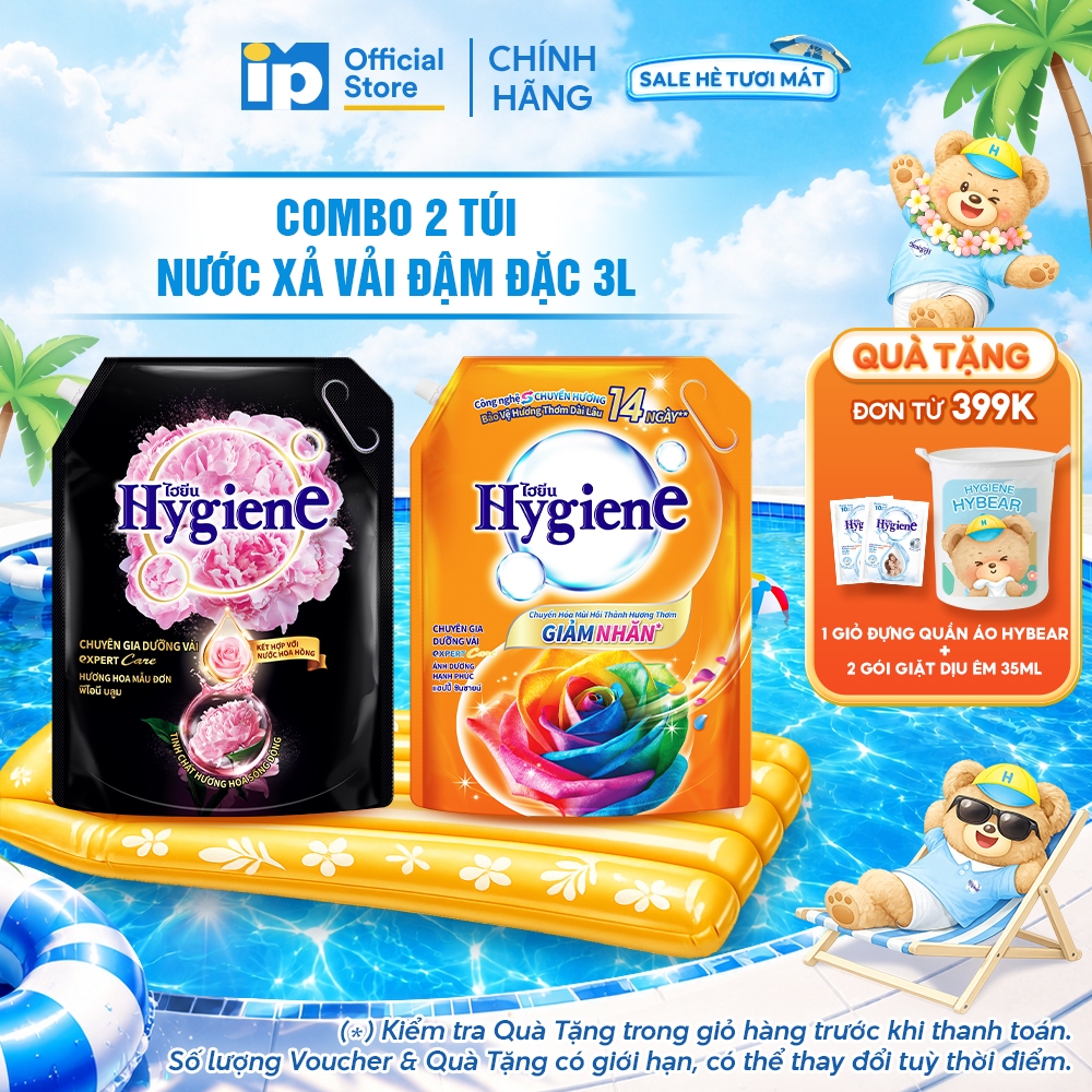 Nước Xả Vải Đậm Đặc Hygiene 3L (Hoa Mẫu Đơn/ Ánh Dương Hạnh Phúc) x 2 Túi
