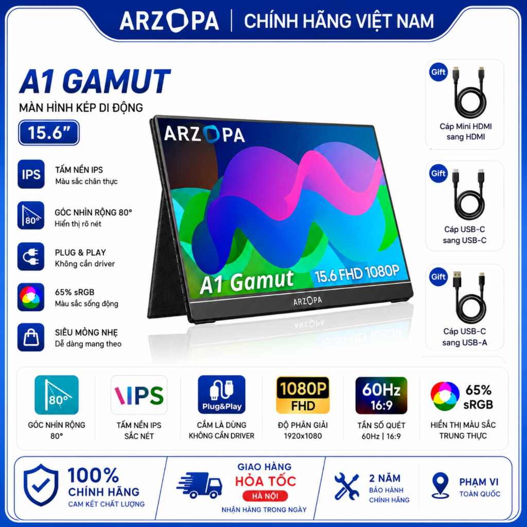 Màn Hình Di Động ARZOPA A1 Gamut 15.6" IPS FHD | HDR10 | Bao Da | USB-C HDMI | Chính Hãng | Hỏa Tốc