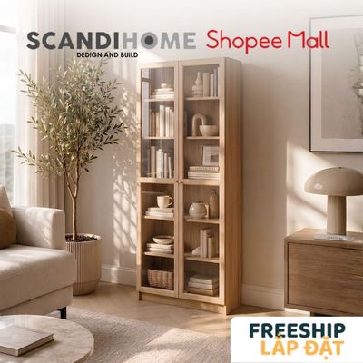 JELLY, Kệ sách 6 tầng cửa kính SHE_042, 80x30x202cm, chỉ giao HCM(Phải khoan tường),kệ gỗ ScandiHome