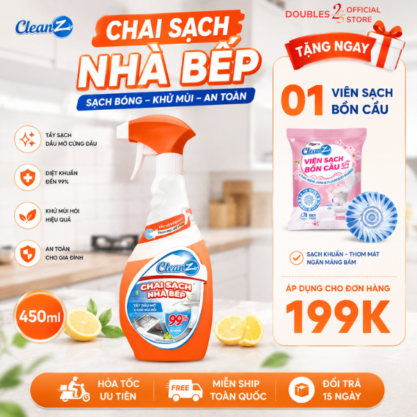 Chai Sạch Nhà Bếp Cleanz Làm Sạch Dầu Mỡ, Vết Ố Vàng Dung Tích 450ml - DOUBLES 2SSHOP