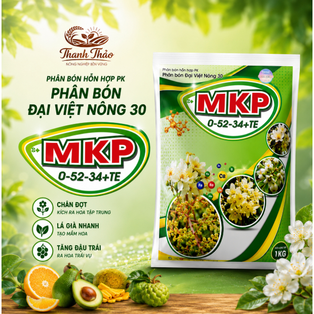PHÂN BÓN LÁ MKP 0-52-34+TE 1KG KÍCH BÔNG SẦU RIÊNG, XOÀI, MÍT, CAM, CHANH KÍCH RA HOA ĐỒNG LOẠT