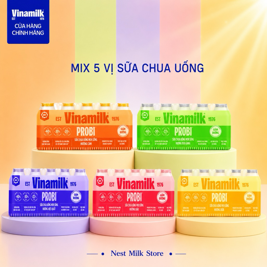 [Combo Thử Nghiệm] Mix 5 Vị Sữa Chua Uống Men Sống Vinamilk Probi 65ml Giảm Đường