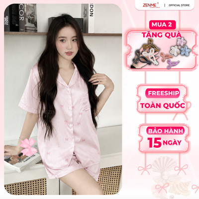 [NEW] Bộ ngủ Pijama Mùa Hè Zenme Lụa vân gỗ ánh kim Form Rộng tay ngắn quần đùi họa tiết dễ thương PJC0726