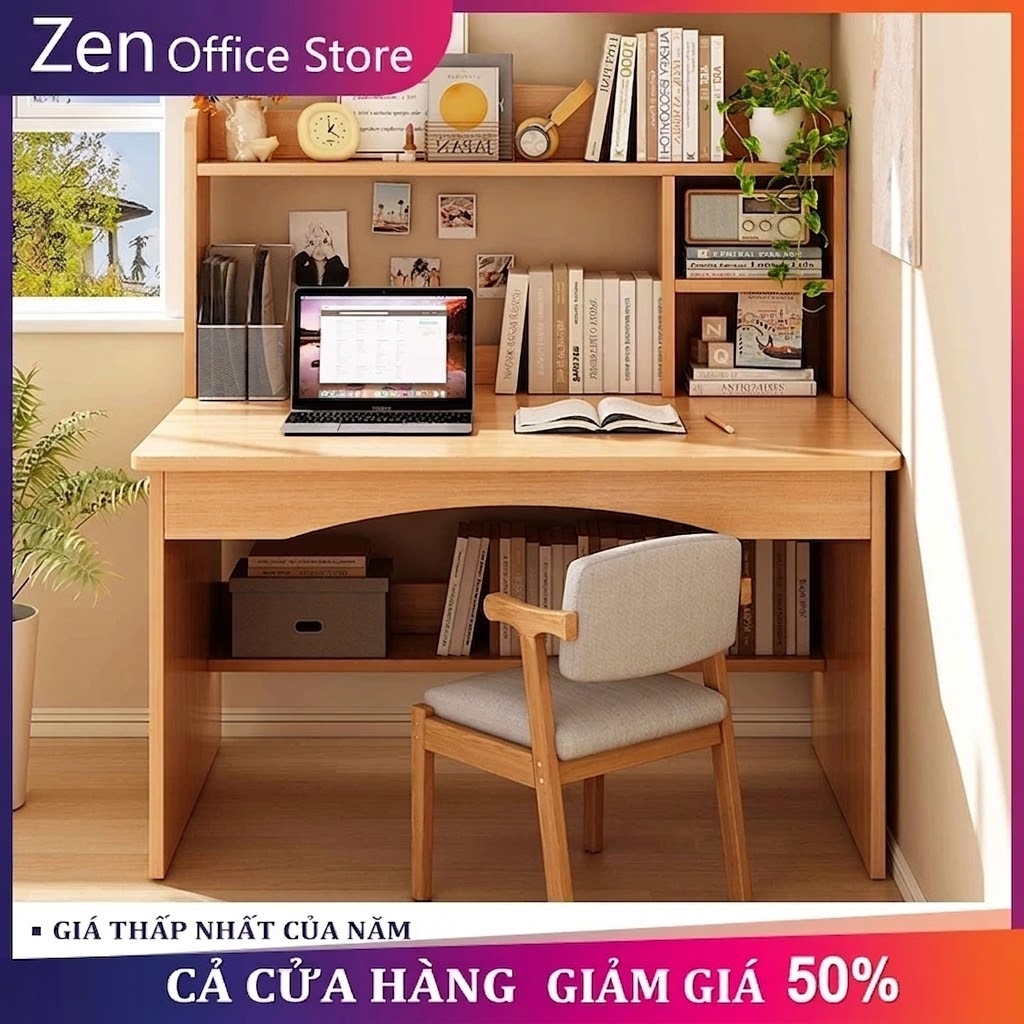 ZEN Bàn học liền giá sách tủ sách gia đình bàn viết và làm việc bằng gỗ hiện đại đa năng
