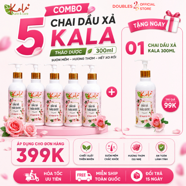 COMBO 5 DẦU XẢ THẢO DƯỢC KALA+ 300ml HƯƠNG HOA HỒNG Giảm Xơ Rối Tóc Mềm Mại Hơn | DOUBLES 2SSHOP