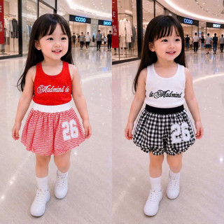 Sét đùi bí karô,chạy hai giây thể thao,quần in số 26,áo in chữ cho bé gái,có size từ 7/26kg