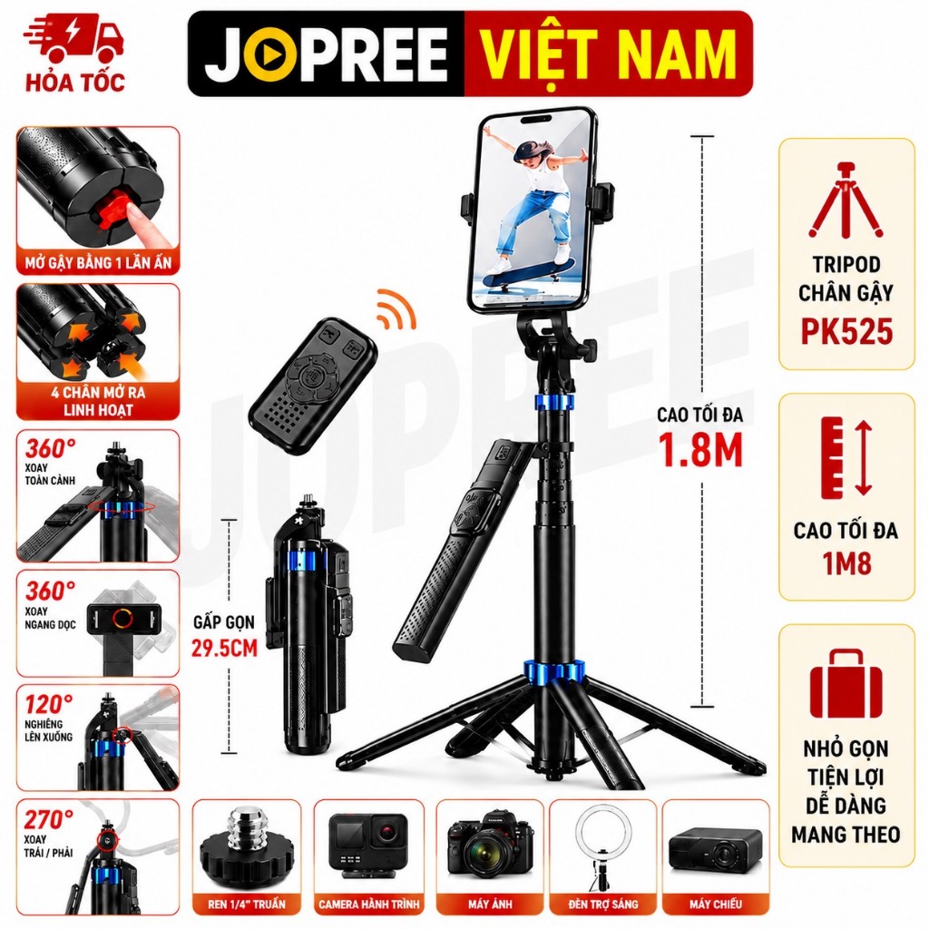 Tripod P525, P185 PLUS Có Nút Tự Mở 4 Chân - Gậy Chụp Hình Hỗ Trợ Livestream, Quay Video, Chụp Ảnh