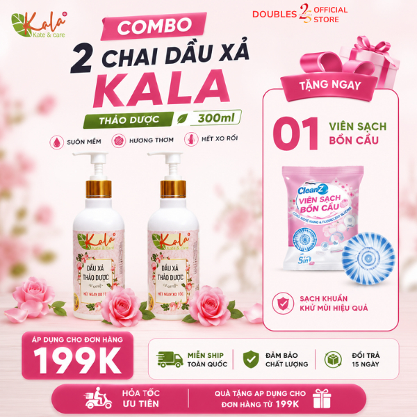 COMBO DẦU XẢ THẢO DƯỢC KALA+ 300ml HƯƠNG HOA HỒNG Giảm Xơ Rối Tóc Mềm Mại Hơn | DOUBLES 2SSHOP