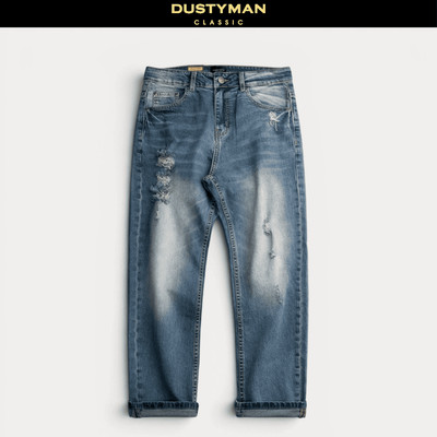 Quần Jean Nam Slim Fit Spray Dustyman, Xanh Rách Cổ Điển,Co Dãn Nhẹ, 611-12 Slim Fit