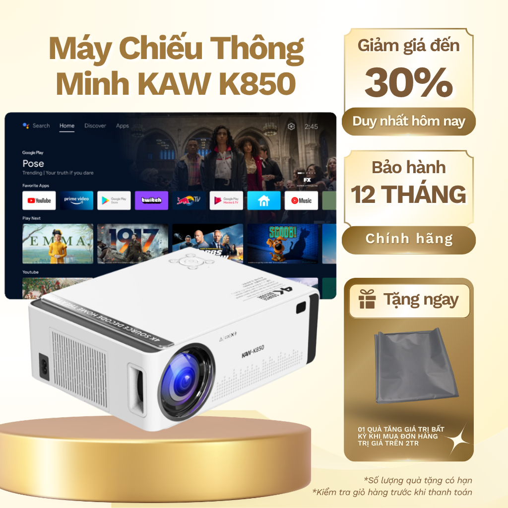 Máy Chiếu Mini KAW K850 Kết Nối Điện Thoại Âm Thanh Rạp Chiếu Phim, Chất lượng 4K, độ sáng cao