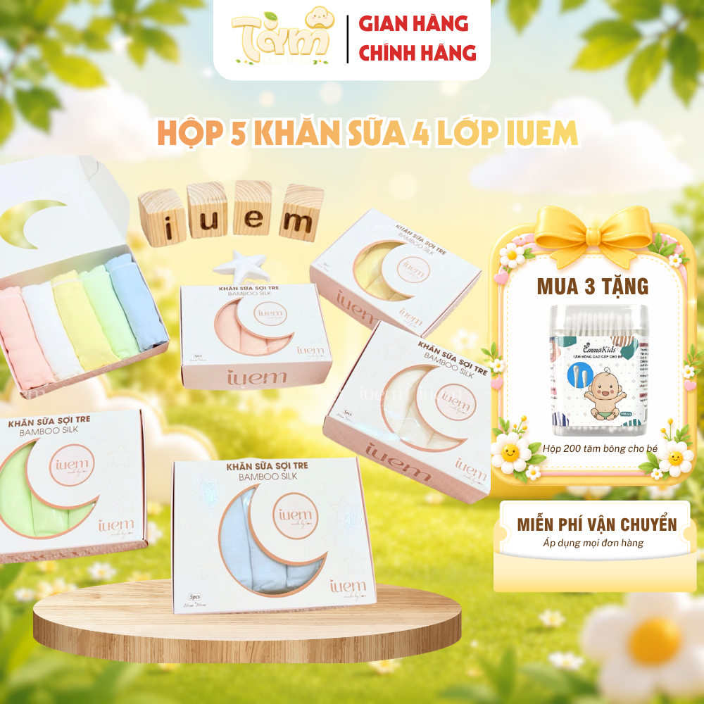 Hộp 5 Khăn Sữa iuem 4 Lớp Sợi Tre Lụa Bamboo 30x30cm Cho Bé – Mềm Mịn, Thấm Hút - Tằm Baby
