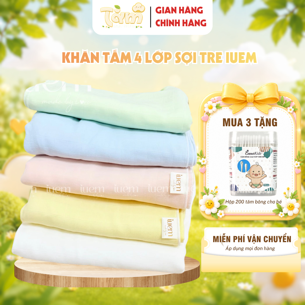 Khăn Tắm Sợi Tre Lụa 4 Lớp IUEM 90x95cm – Khăn Quấn Ủ Cho Bé Sơ Sinh, Mềm Mát, Thấm Hút - Tằm Baby