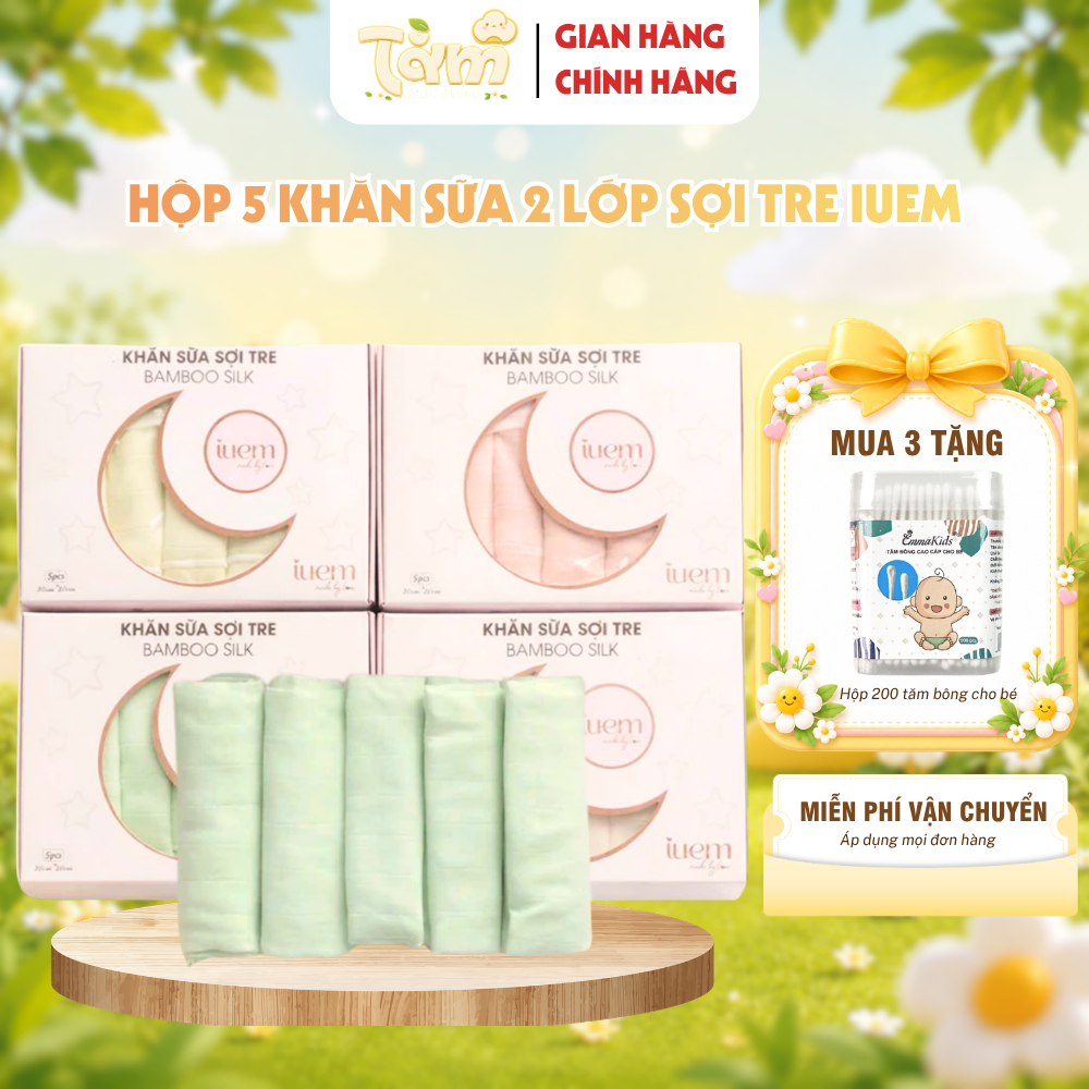 Hộp 5 Khăn Sữa iuem 2 Lớp Sợi Tre Lụa Bamboo 30x30cm Cho Bé – Mềm Mịn, Thấm Hút - Tằm Baby