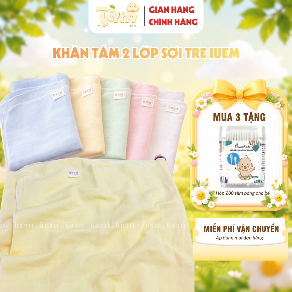 Khăn Tắm Sợi Tre Lụa 2 Lớp IUEM 90x95CM – Mềm Mịn, Thấm Hút Nhanh Cho Bé Sơ Sinh - Tằm Baby Store