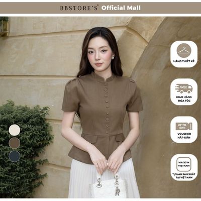 BBSTORE'S Áo Kiểu Công Sở Cotton Tay Ngắn Phồng Cổ Trụ Kết Nút Bọc Vải - AAG24T