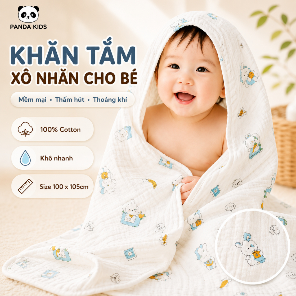 Khăn Tắm Xuân Hè Chất Xô Nhăn Loại 1 Kích Thước To 100*105cm siêu mềm, thoáng khí - Panda Kids - HT6