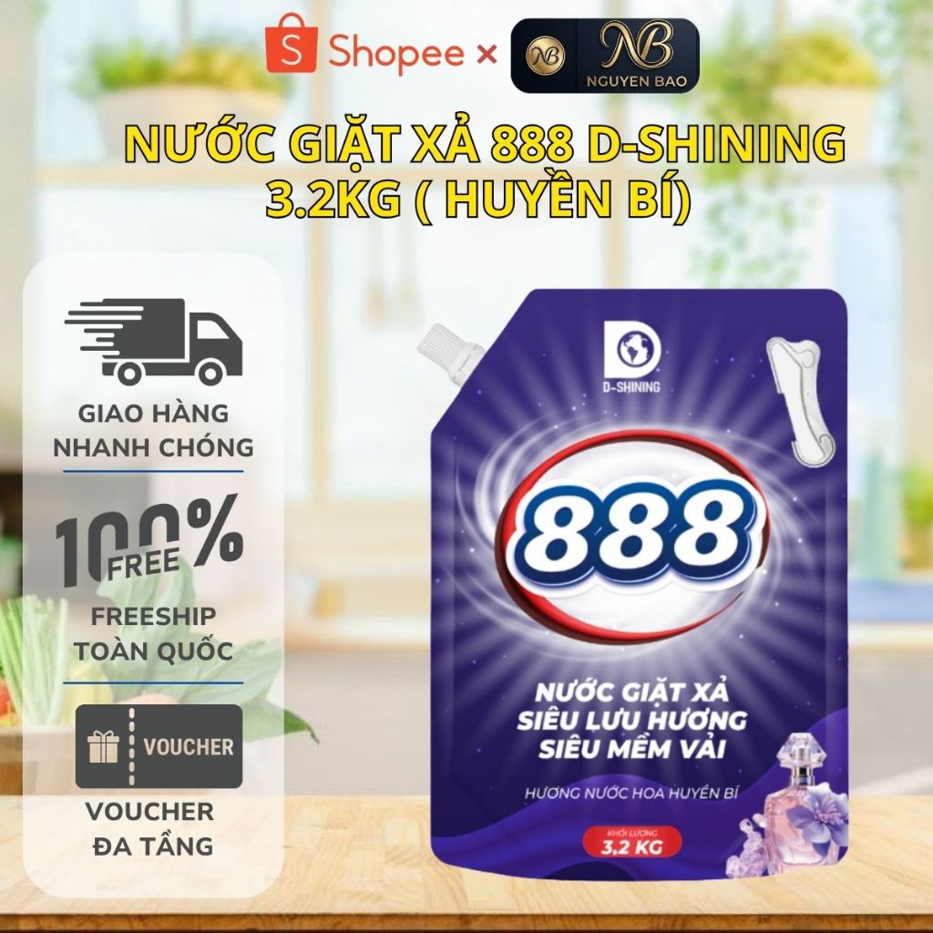 Nước Giặt Xả 888 D-SHINING 3.2Kg - Giặt Xả 2in1, Sạch Sâu, Mềm Vải, Lưu Hương, An Toàn Cho Cả Gia Đì