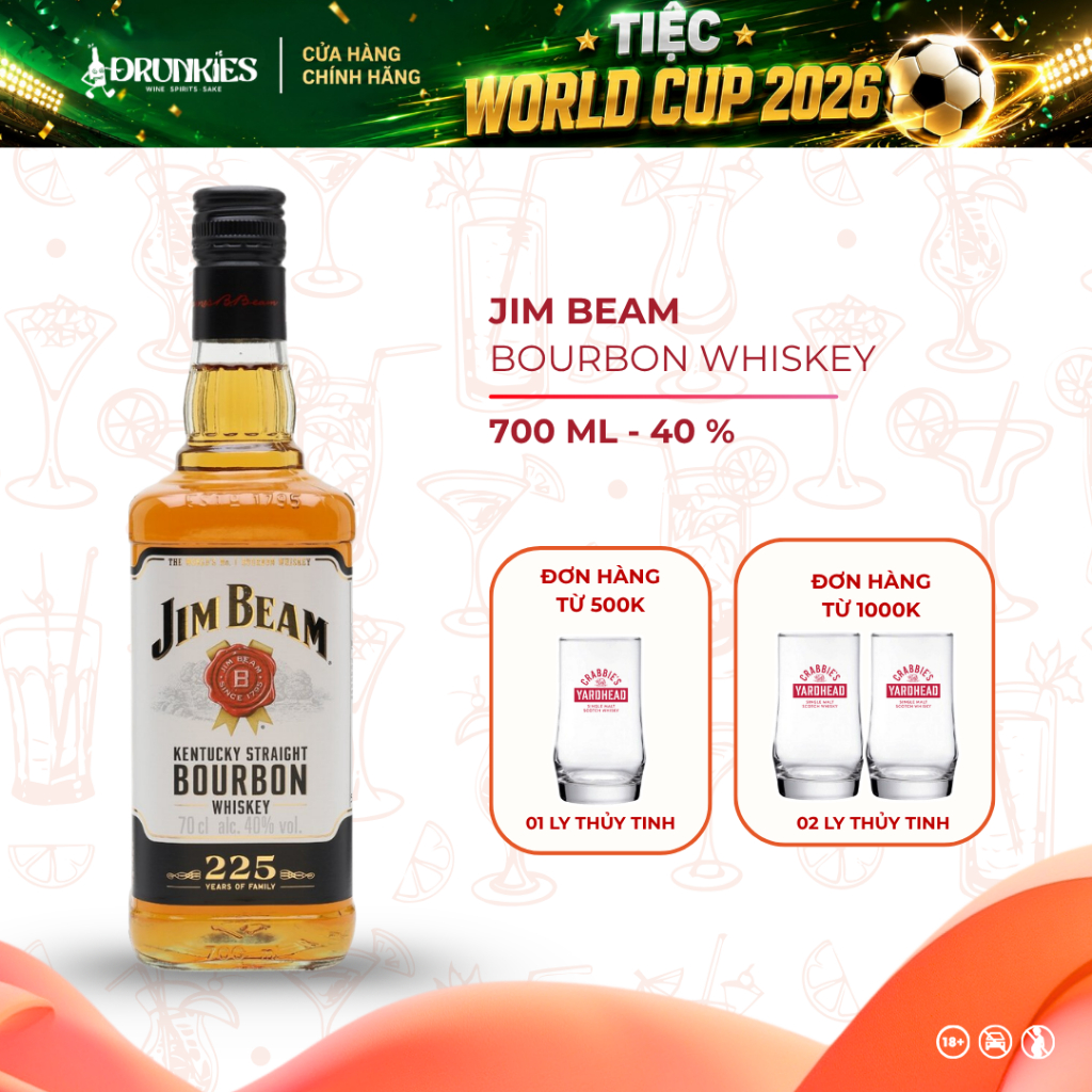 DRUNKIES - CHÍNH HÃNG - Rượu Whiskey Bourbon Jim Beam White - 700ML - 40%
