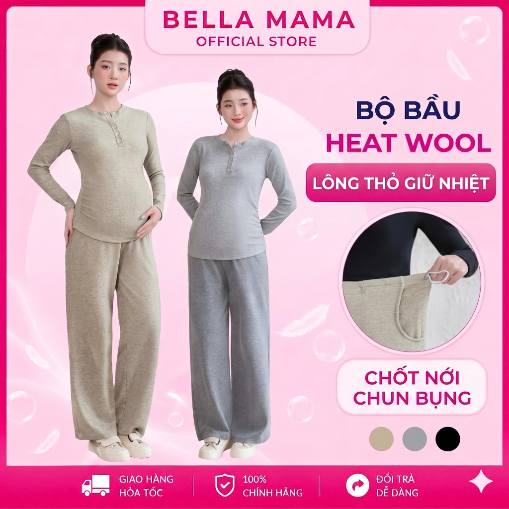 Bộ bầu heat wood Bella Mama Bộ quần áo bầu chất lông thỏ giữ nhiệt co dãn thoải mái cho mẹ bầu BN25