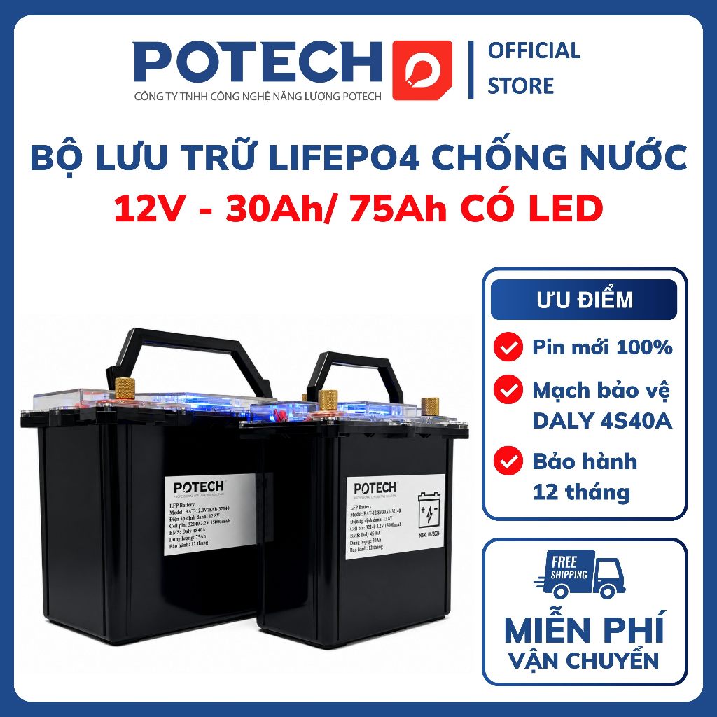 Bộ lưu trữ 12V - 30Ah/ 75Ah chống nước có led báo pin tích hợp - Bảo hành 12 tháng