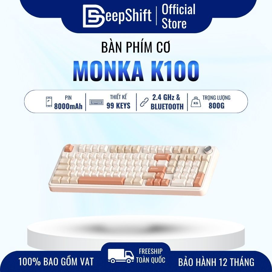 Bàn phím cơ Monka K100 | Hot-swap | Layout 98% | LED RGB | 3 Mode Kết Nối | Pin 8000mAh